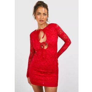 💥3/$15💥NWT - BOOHOO CUT OUT TIE FRONT LACE MINI DRESS, RED - Size Large